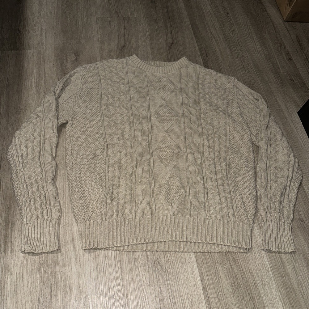VTG USA Ardsley Mens XL Cable Knit Fisherman Sweater Cottagecore Tan 100% Cotton